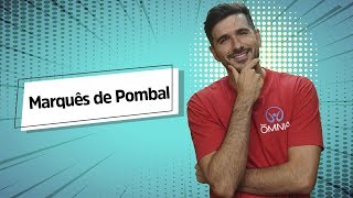Professor ao lado do texto"Marquês de Pombal" em fundo azul.