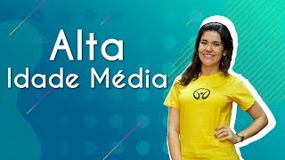 "Alta Idade Média" escrito sobre fundo verde ao lado da imagem da professora