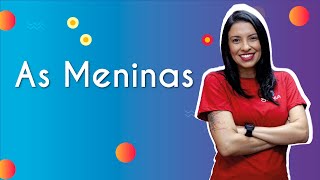 "As meninas" escrito sobre fundo azul ao lado da imagem da professora