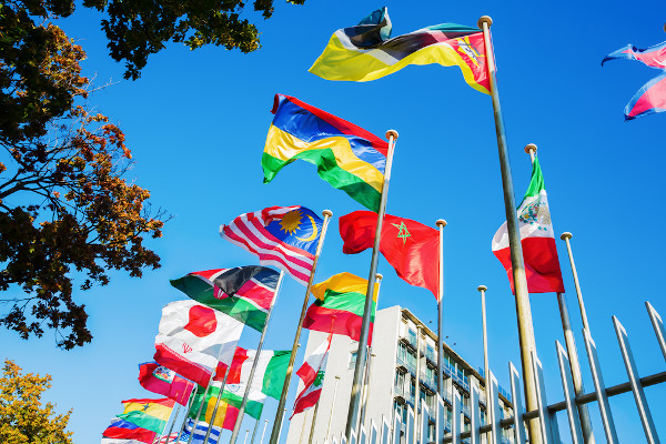 Bandeiras dos Estados-membros e territórios associados da Unesco na sede da agência em Paris.