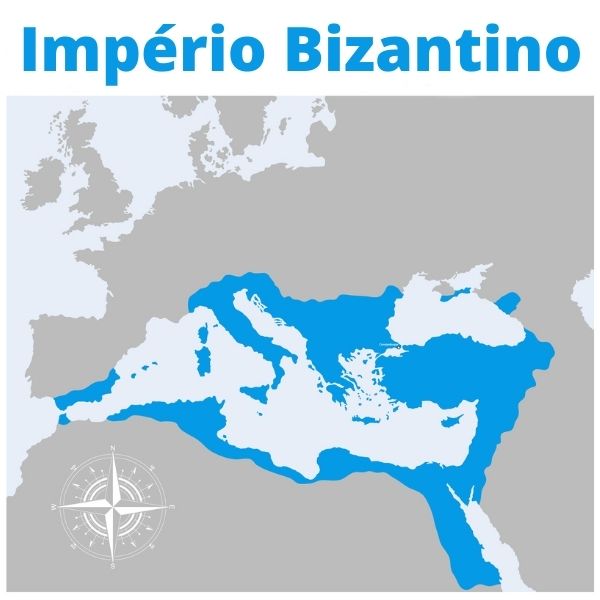No mapa acima, a cor azul representa os territórios conquistados pelo Império Bizantino.