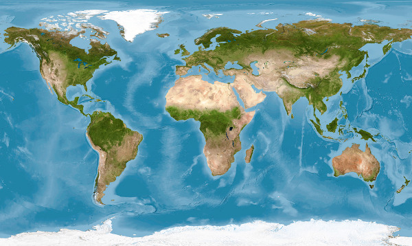 Mapa-múndi baseado em foto de satélite, com os continentes e oceanos, fazendo um panorama da superfície da Terra
