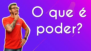 "O que é poder?" escrito sobre fundo roxo ao lado da imagem do professor