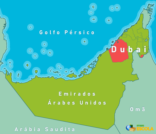 Em destaque no mapa está o emirado de Dubai, um dos sete estados que formam os Emirados Árabes Unidos.
