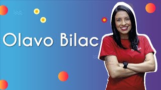 "Olavo Bilac" escrito sobre fundo azul ao lado da imagem da professora