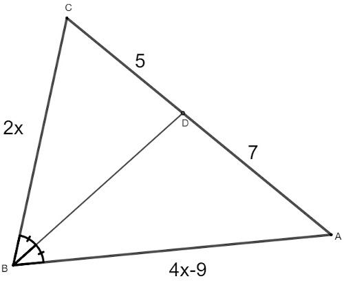  Triângulo ABC branco, com lados de 2x, 4x – 9 e 12 cm, com bissetriz BD traçada.