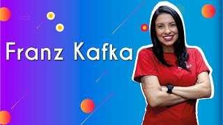 "Franz Kafka" escrito sobre fundo azul ao lado da imagem da professora