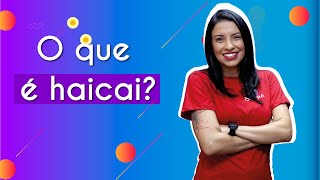 "O que é haicai?" escrito sobre fundo azul ao lado da imagem da professora