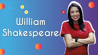 Professora ao lado do texto"William Shakespeare".
