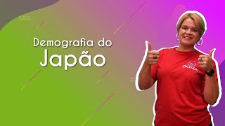 "Demografia do Japão" escrito sobre fundo colorido ao lado da imagem da professora