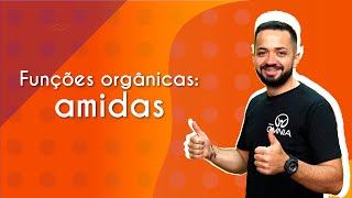 Professor ao lado do texto"Funções orgânicas: amidas".
