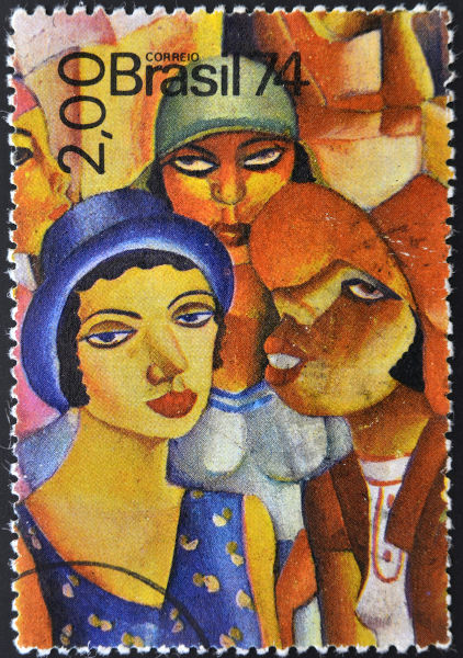 Selo estampado com parte da obra “Cinco Moças de Guaratinguetá”, produzida, em 1930, por Di Cavalcanti. 