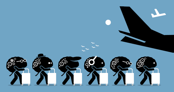 Ilustração representando a emigração de pessoas altamente treinadas e inteligentes para fora de um país.