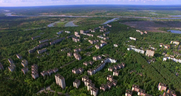 Vista aérea da zona de exclusão de Chernobyl, área que ficou inabitada após o acidente em 1986.
