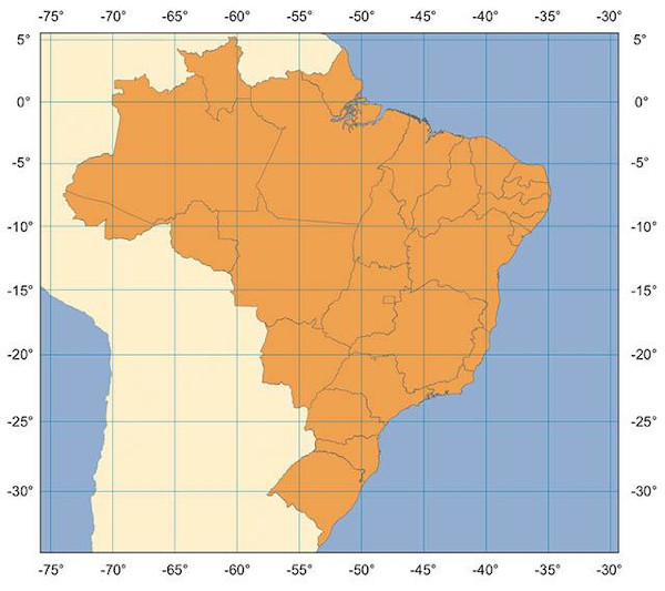 Mapa do Brasil feito com a projeção de Mercator. 