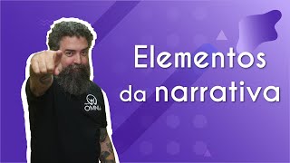 Professor ao lado do texto"Elementos da narrativa"em fundo roxo.
