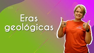 "Eras geológicas" escrito sobre fundo colorido ao lado da imagem da professora