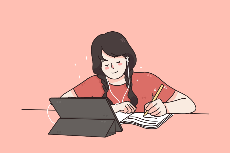 Ilustração de uma garota com fones de ouvido fazendo anotações durante aula on-line.