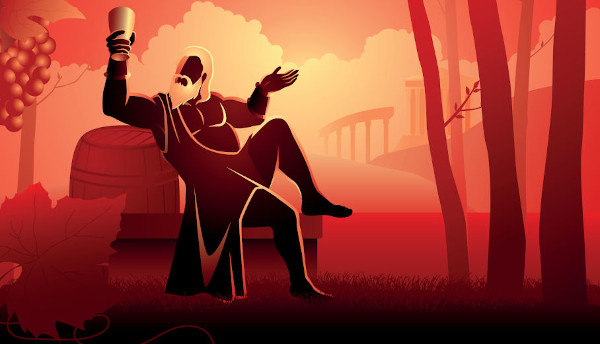 Ilustração do deus grego Dioniso segurando uma taça de vinho