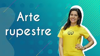 "Arte rupestre" escrito sobre fundo azul ao lado da imagem da professora