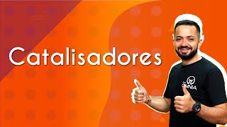 "Catalisadores" escrito sobre fundo alaranjado ao lado da imagem do professor