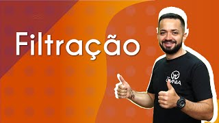 "Filtração" escrito sobre fundo laranja ao lado da imagem do professor