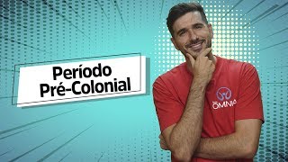 "Período Pré-Colonial" escrito sobre fundo azul ao lado da imagem do professor