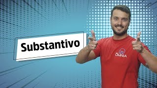 "Substantivo" escrito sobre fundo azul ao lado da imagem do professor