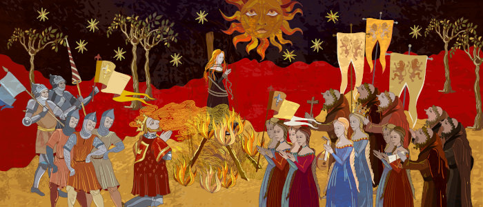 Ilustração traz mulher na fogueira durante a Inquisição.