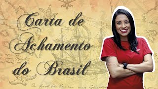 "Carta de Achamento do Brasil" escrito em letra cursiva sobre fundo envelhecido com ilustração de mapa e caravela