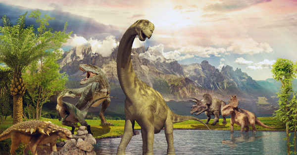 Representação de dinossauros em paisagem da era mesozoica.