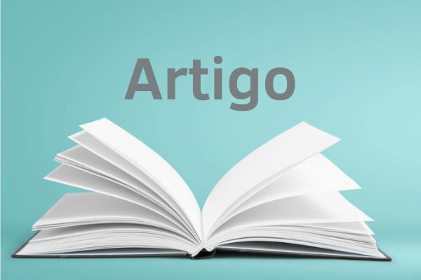 Livro aberto abaixo do escrito “artigo” em um ambiente azul-esverdeado.