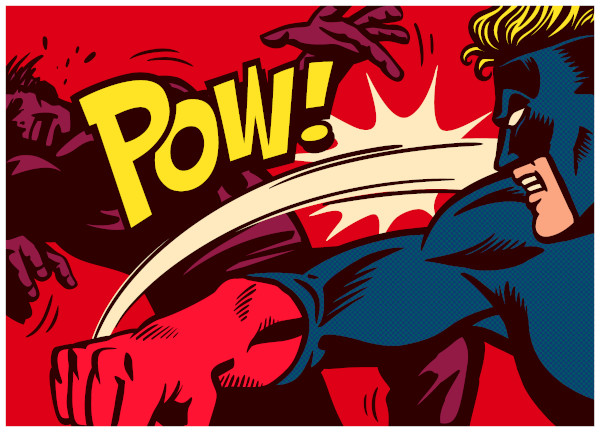 Ilustração com a onomatopeia “pow” representando o som do impacto do soco do super-herói no vilão.