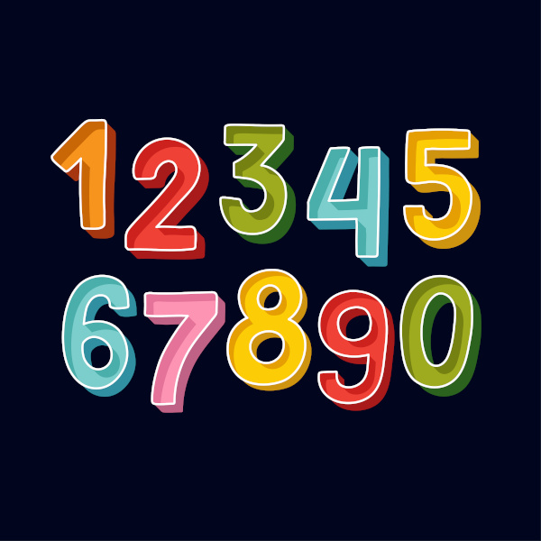 Ilustração dos numerais de 1 a 0 (1, 2, 3, 4, 5, 6, 7, 8, 9 e 0).