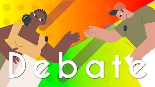 "Debate – Gêneros textuais" escrito sobre ilustração de duas pessoas debatendo