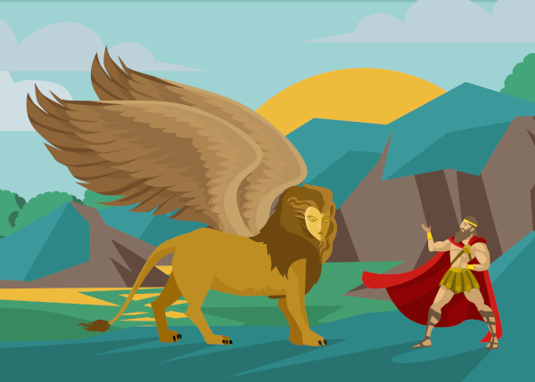 Ilustração de Édipo encarando a esfinge.