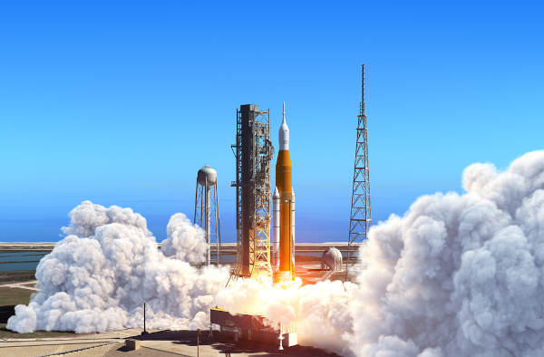 Representação do lançamento do SNS, que fará o transporte dos astronautas, das cargas e da nave Orion, no programa Artemis.