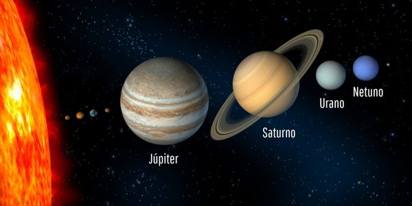 Os quatro planetas gasosos do Sistema Solar: Júpiter, Saturno, Urano e Netuno.