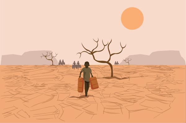  Ilustração de várias pessoas indo embora de uma região de seca.