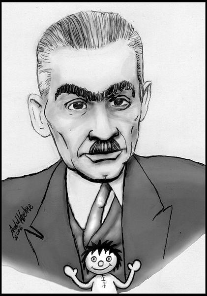 Desenho representando Monteiro Lobato e a boneca Emília. 