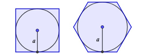  Ilustração representando os apótemas de um quadrado e de um hexágono regular.