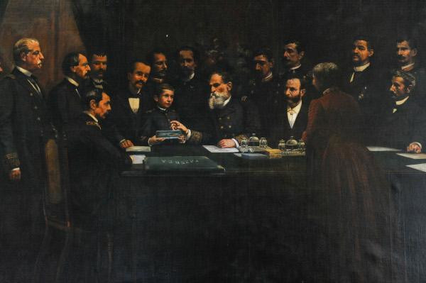 Deodoro da Fonseca e outras figuras de seu governo debatendo a elaboração da Constituição de 1891.[3]