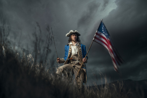 Representação de um soldado no contexto da Guerra de Independência dos Estados Unidos.