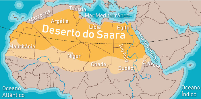 Mapa com localização do deserto do Saara