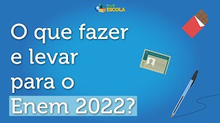 "O que fazer e levar para o Enem 2022?" escrito em fundo azul com ilustrações de caneta, chocolate e documento