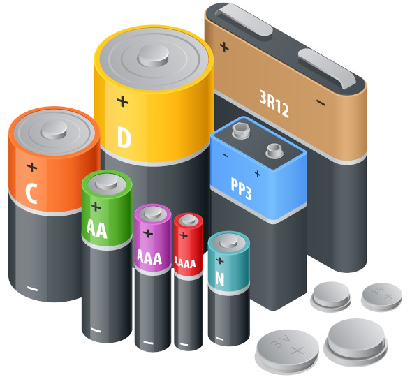 Ilustração de pilhas e baterias, que funcionam graças à movimentação dos íons em soluções eletrolíticas.