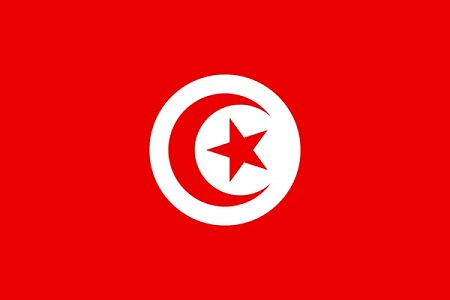 Bandeira da Tunísia, em vermelho com círculo branco ao centro. Figuras de uma lua e uma estrela dentro do círculo. 