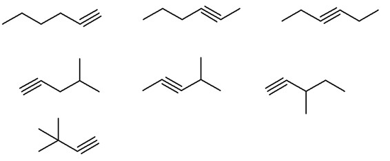 Representação de sete alcinos sem necessariamente obedecer à geometria molecular correta.