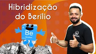 "Hibridização do Berílio" escrito sobre fundo laranja acima de ilustração de um cubo animado com o símbolo do elemento berílio