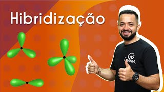 Palavra "Hibridização" escrita em fundo laranja ao lado da imagem do professor fazendo sinal de positivo